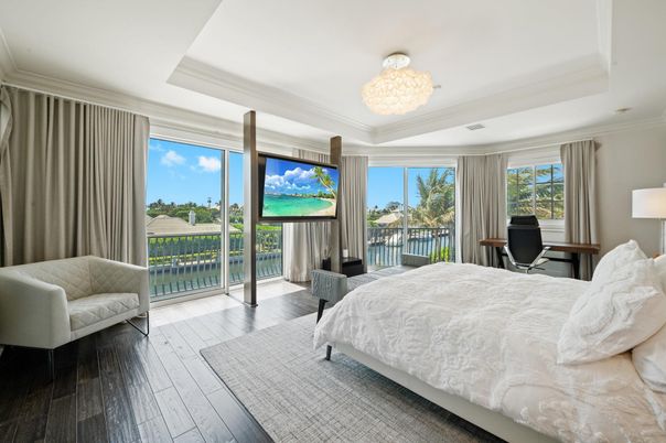 Bedroom, Chandelier, Interior, Water, Wood Texture Flooring