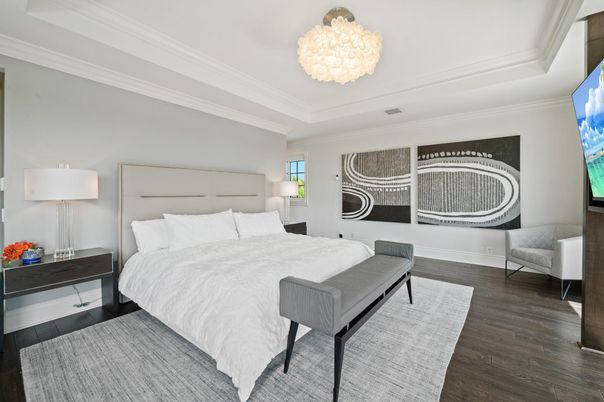 Bedroom, Chandelier, Interior, Wood Texture Flooring