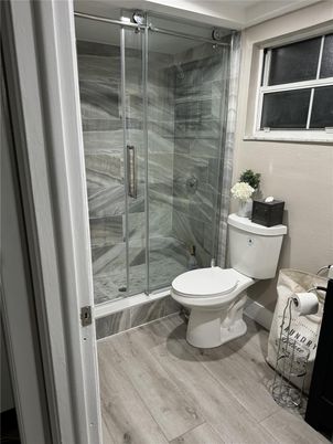 Bathroom, Glass Shower, Interior, Wood Texture Flooring