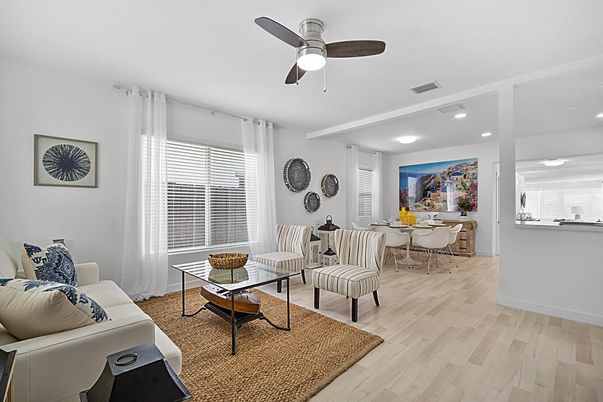 Dining room, Interior, Living room, Recessed Lighting, Wood Texture Flooring