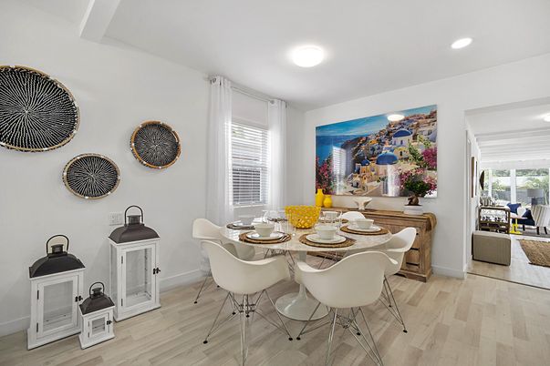 Dining room, Interior, Recessed Lighting, Wood Texture Flooring