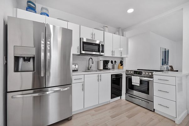 Interior, Kitchen, Recessed Lighting, Stainless Steel Appliances, Wood Texture Flooring