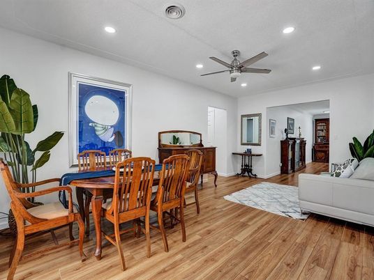 Dining room, Interior, Recessed Lighting, Wood Texture Flooring