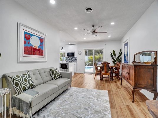 Dining room, Interior, Living room, Recessed Lighting, Wood Texture Flooring
