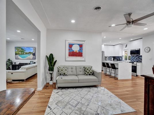 Interior, Kitchen, Living room, Recessed Lighting, Wood Texture Flooring