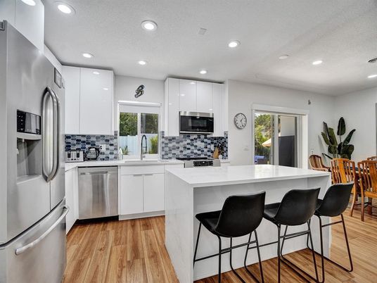 Interior, Kitchen, Recessed Lighting, Stainless Steel Appliances, Wood Texture Flooring
