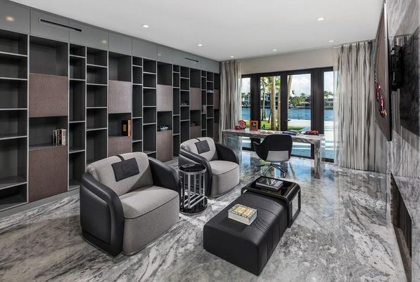 Home Office, Interior, Marble, Recessed Lighting, Water