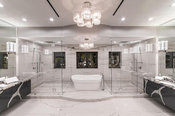 Bathroom, Chandelier, Free Standing Baths, Glass Shower, Interior, Marble, Marble Walls, Recessed Lighting
