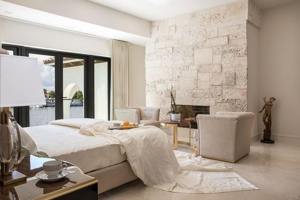 Bedroom, Fireplace, Interior, Stone Walls, Water