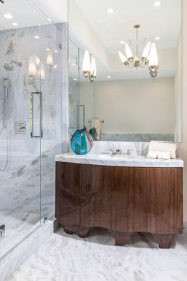 Bathroom, Chandelier, Glass Shower, Interior, Marble, Marble Walls, Recessed Lighting