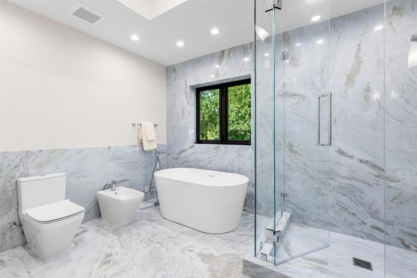 Bathroom, Free Standing Baths, Glass Shower, Interior, Marble, Marble Walls, Recessed Lighting