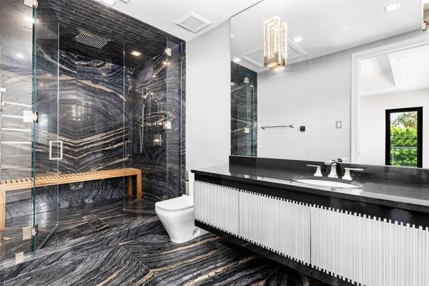 Bathroom, Glass Shower, Interior, Marble, Marble Walls, Recessed Lighting