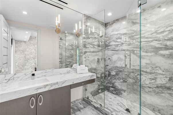 Bathroom, Glass Shower, Interior, Marble Walls, Recessed Lighting
