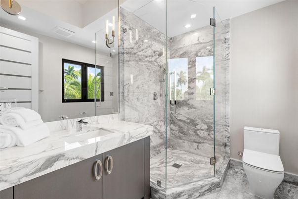 Bathroom, Glass Shower, Interior, Marble, Marble Walls, Recessed Lighting