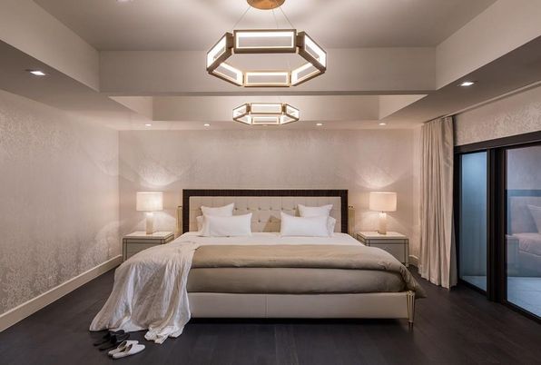 Bedroom, Interior, Pendant Lights, Recessed Lighting, Wood Texture Flooring