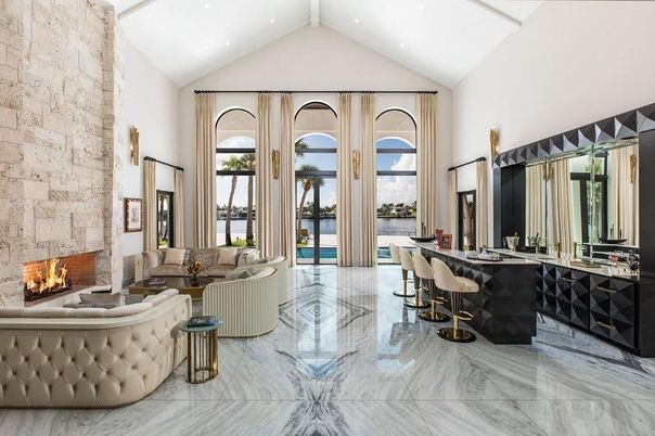 Fireplace, Interior, Living room, Marble, Recessed Lighting, Stone Walls