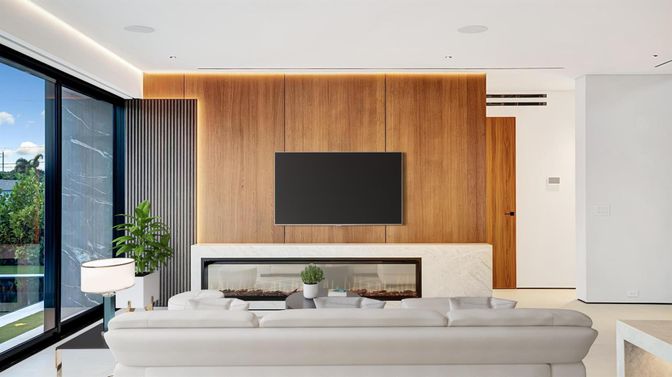 Fireplace, Interior, Living room, Recessed Lighting, Wooden Walls