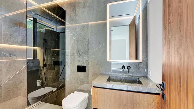 Bathroom, Glass Shower, Interior, Marble Walls