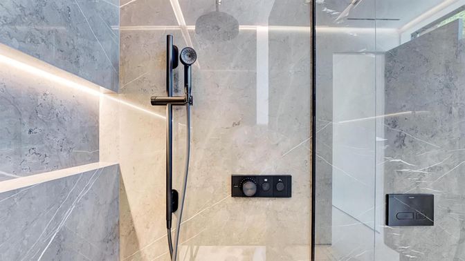Bathroom, Glass Shower, Interior, Marble Walls