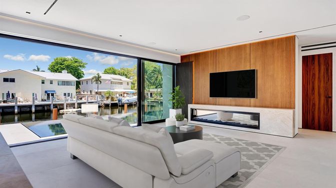 Interior, Living room, Recessed Lighting, Water, Wooden Walls