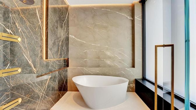 Bathroom, Free Standing Baths, Glass Shower, Interior, Marble Walls