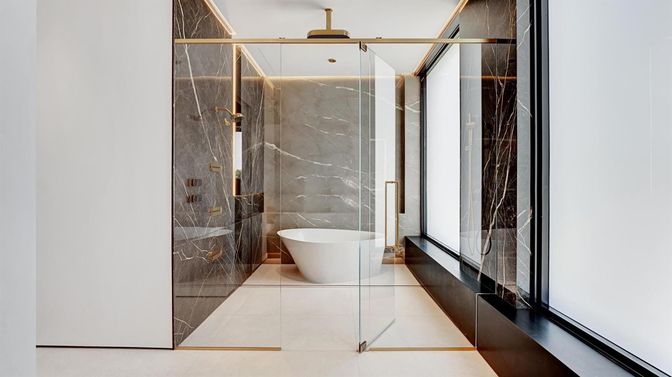 Bathroom, Free Standing Baths, Glass Shower, Interior, Marble Walls
