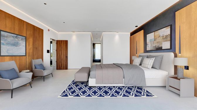 Bedroom, Interior, Recessed Lighting, Wooden Walls