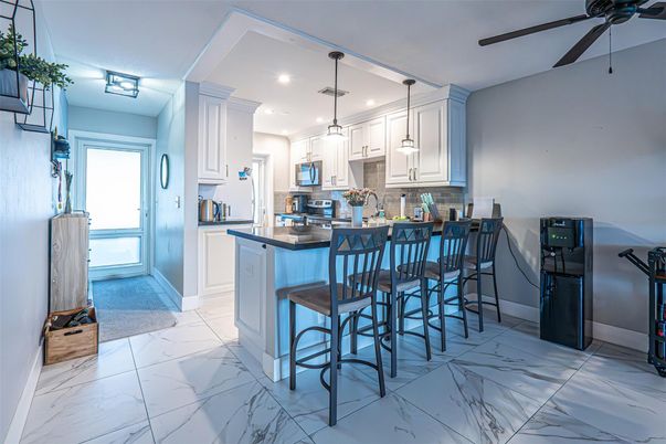Interior, Kitchen, Marble, Pendant Lights, Recessed Lighting, Stainless Steel Appliances