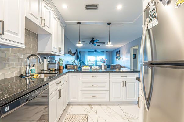 Interior, Kitchen, Marble, Pendant Lights, Recessed Lighting, Stainless Steel Appliances