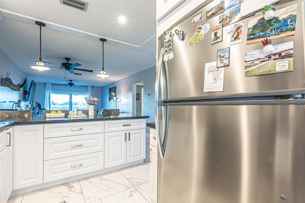 Interior, Kitchen, Marble, Pendant Lights, Recessed Lighting, Stainless Steel Appliances