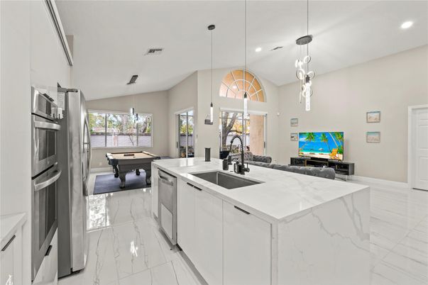 Billiard Table, Game Room, Interior, Kitchen, Marble, Pendant Lights, Recessed Lighting