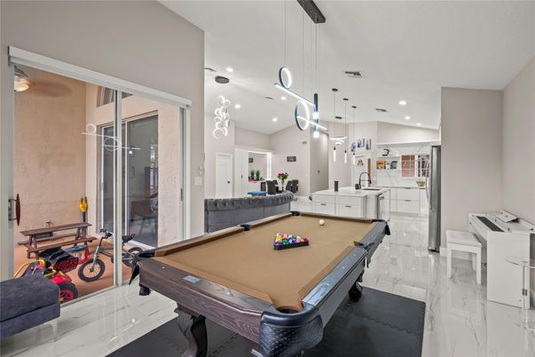 Billiard Table, Game Room, Interior, Marble, Pendant Lights, Recessed Lighting