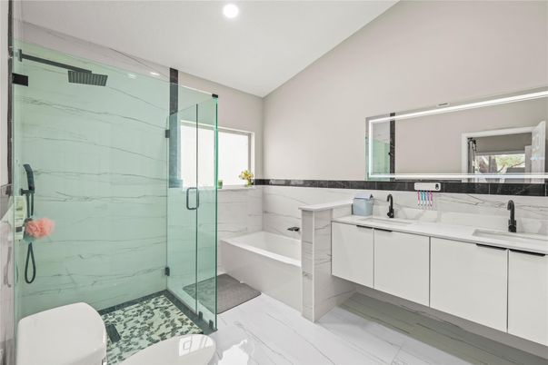 Bathroom, Glass Shower, Interior, Marble, Marble Walls, Recessed Lighting