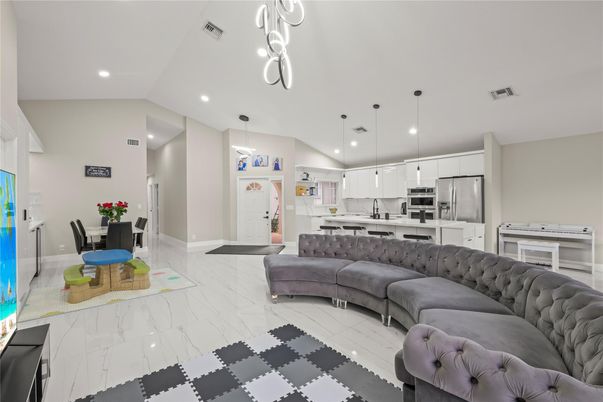 Dining room, Interior, Kitchen, Marble, Pendant Lights, Recessed Lighting, Stainless Steel Appliances