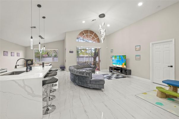 Interior, Kitchen, Marble, Pendant Lights, Recessed Lighting