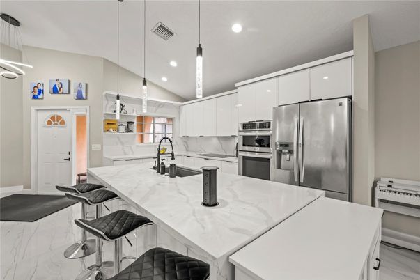 Interior, Kitchen, Marble, Pendant Lights, Recessed Lighting, Stainless Steel Appliances