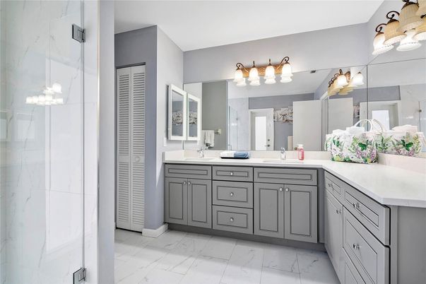 Bathroom, Dual Sink Vanities, Glass Shower, Interior, Marble, Marble Walls