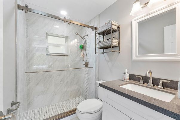 Bathroom, Glass Shower, Interior, Marble Walls, Recessed Lighting