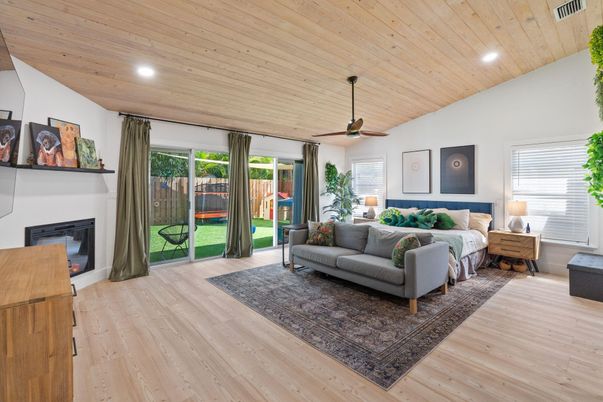 Fireplace, Interior, Living room, Recessed Lighting, Wooden Ceilings, Wood Texture Flooring