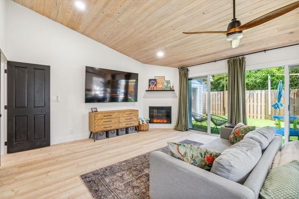Fireplace, Interior, Living room, Recessed Lighting, Wooden Ceilings, Wood Texture Flooring