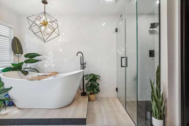 Bathroom, Free Standing Baths, Glass Shower, Interior, Pendant Lights, Wood Texture Flooring