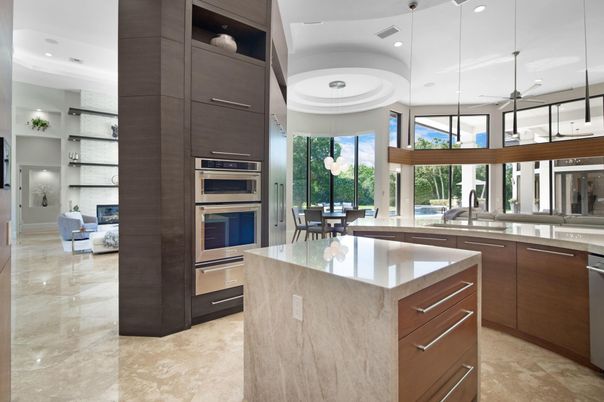 Dining room, Fireplace, Interior, Kitchen, Living room, Pendant Lights, Recessed Lighting, Stainless Steel Appliances
