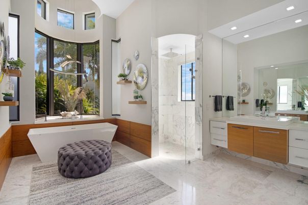 Bathroom, Free Standing Baths, Glass Shower, Interior, Marble, Marble Walls, Recessed Lighting