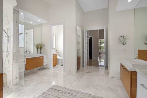 Bathroom, Dual Sink Vanities, Interior, Marble, Marble Walls, Recessed Lighting