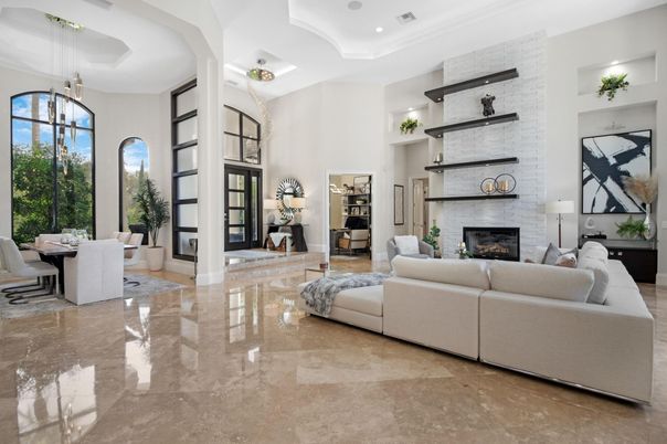 Dining room, Fireplace, Interior, Living room, Pendant Lights, Recessed Lighting, Stone Walls