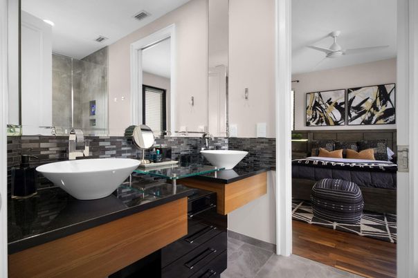 Bathroom, Dual Sink Vanities, Free Standing Baths, Interior, Recessed Lighting, Wood Texture Flooring