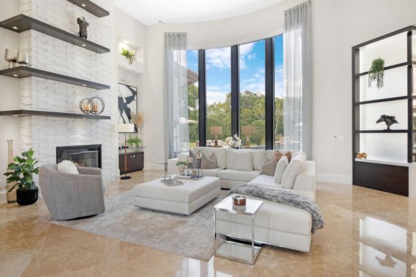 Fireplace, Interior, Living room, Recessed Lighting, Stone Walls