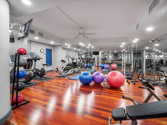 Fitness Equipment, Gym, Interior, Recessed Lighting, Wood Texture Flooring