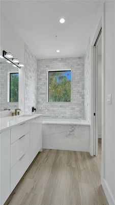 Bathroom, Interior, Kitchen, Recessed Lighting, Stone Walls, Wood Texture Flooring