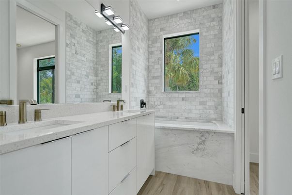 Bathroom, Dual Sink Vanities, Interior, Stone Walls, Wood Texture Flooring